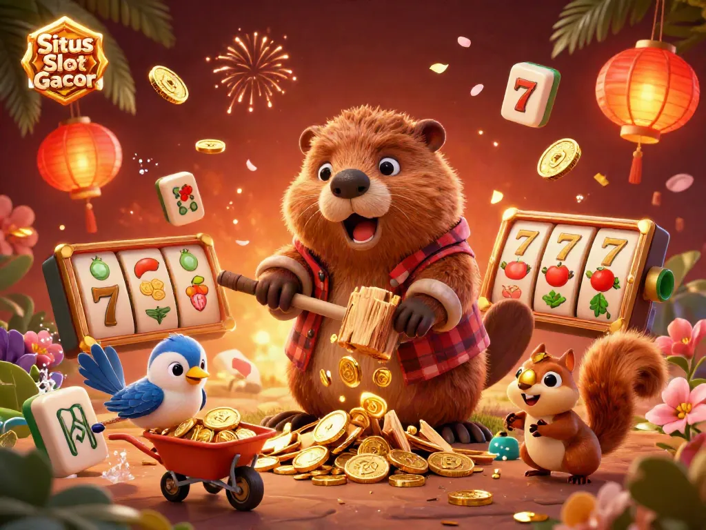 Situs Slot Gacor dengan beaver pemotong pohon yang menghujani koin emas, dikelilingi elemen slot dan keberuntungan.