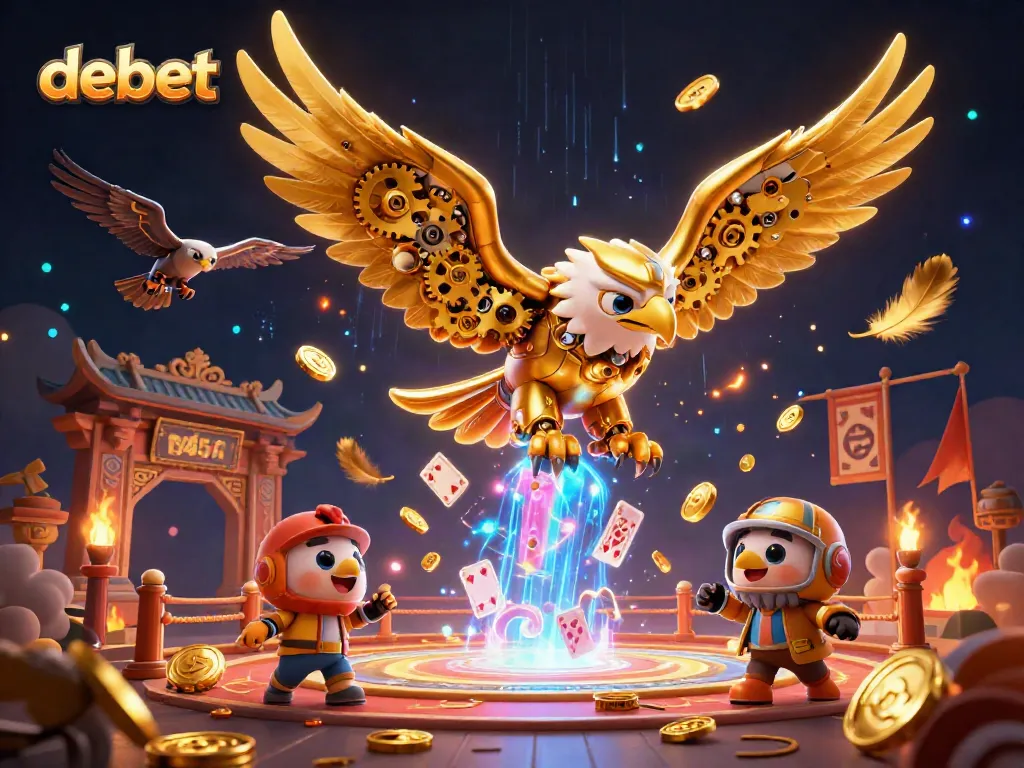 Experience thrilling gameplay at debet with a cybernetic eagle amidst holographic cards and golden coins