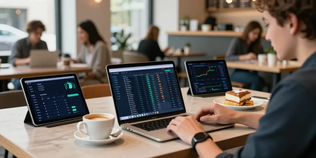 Crypto order book API setup in a bustling coffee shop with trading data and digital wallets.