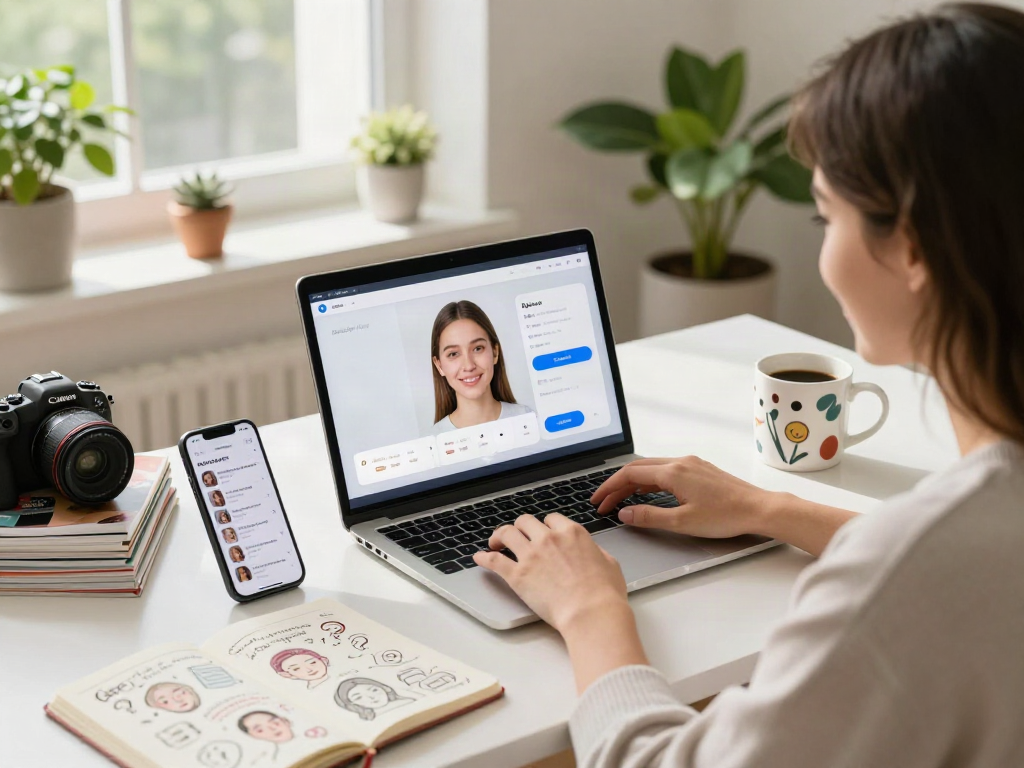 User analyzing how old do I look using an AI face age tool at a cozy home workspace with personal touches.
