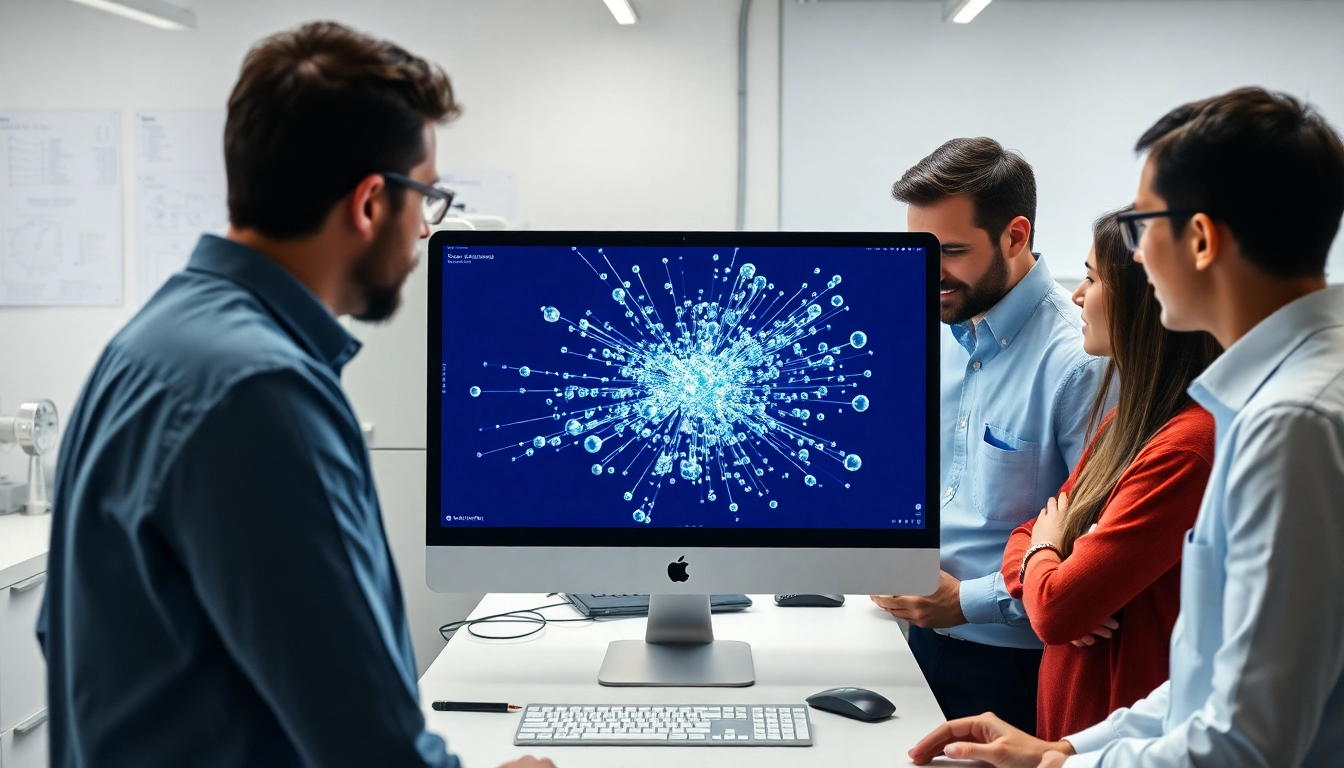 Visualizing Discrete Element Modeling with engineers analyzing interactive simulations in a modern lab setting.