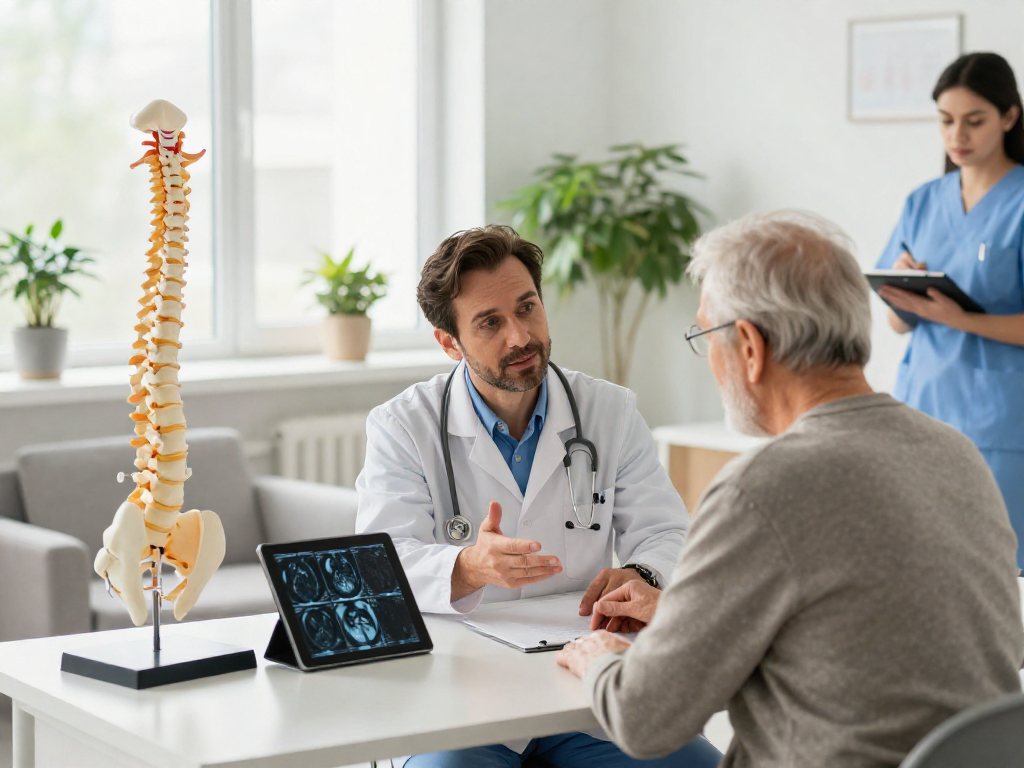 Compassionate orthopedic surgeon discussing dar kanal ameliyatı with elderly patient in a warm medical consultation room.