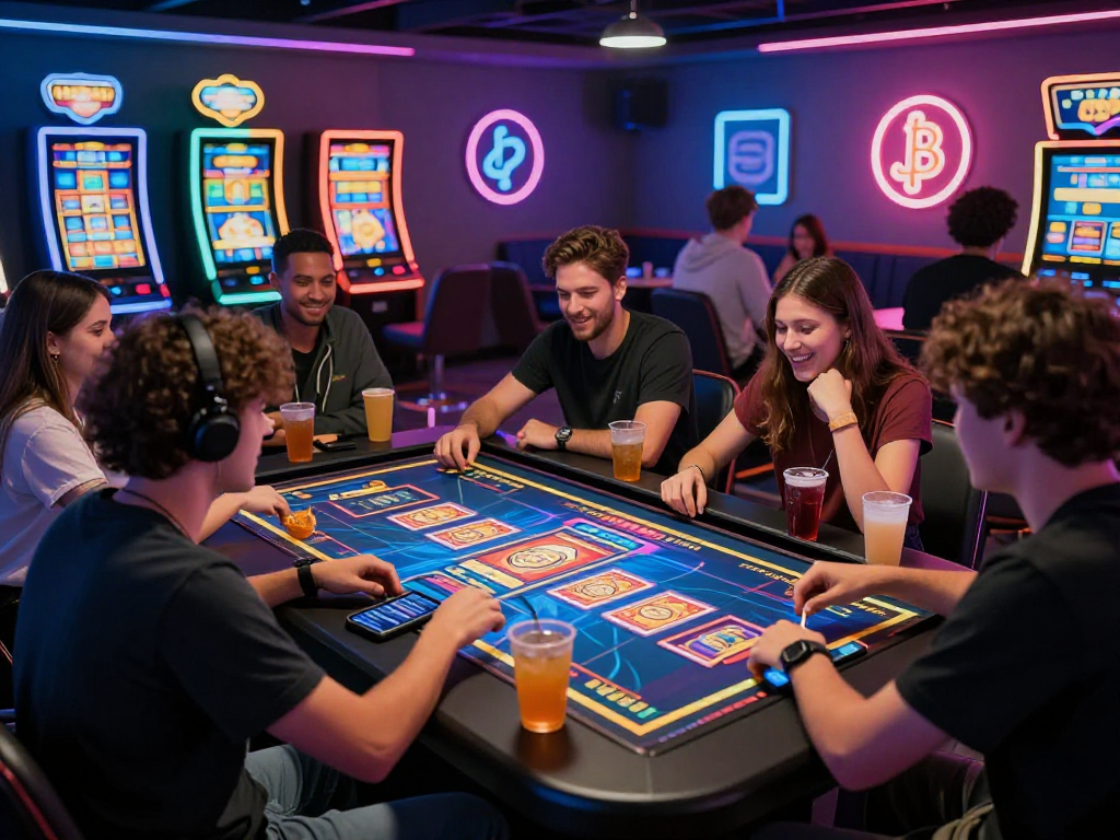 Engaging moment at a crypto casino gaming lounge with friends enjoying digital games.