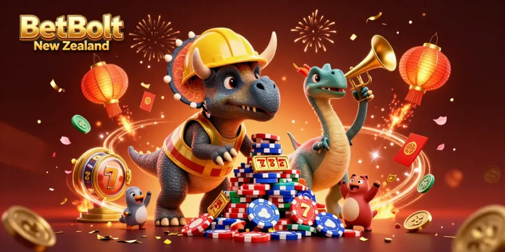BetBolt New Zealand celebrates with a triceratops building poker chips amidst vibrant casino elements.