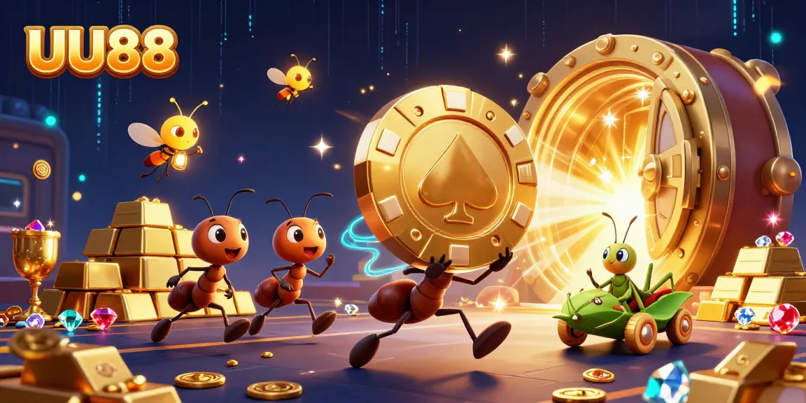 Watch UU88's animated ant heist scene with golden poker chip and dynamic casino elements