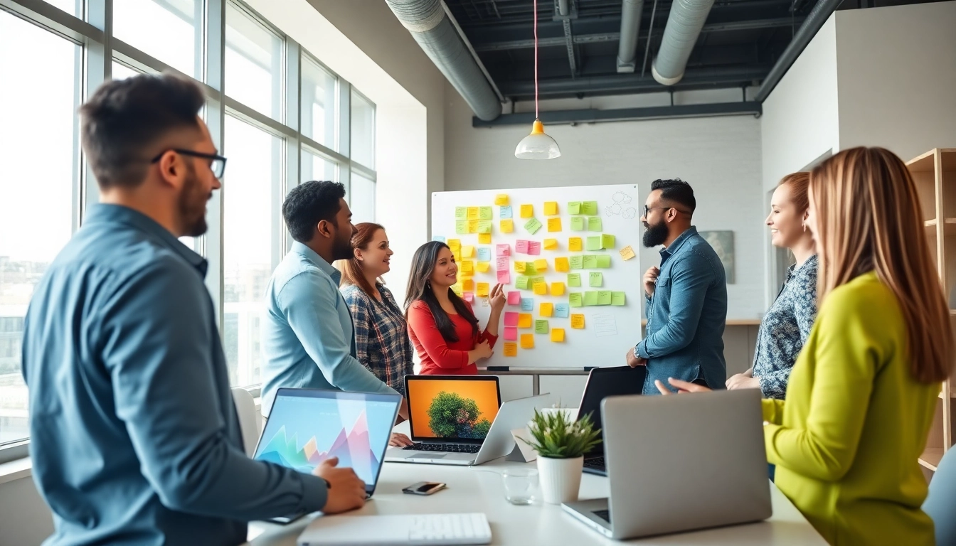 Shopify experts collaborating creatively in a modern office, enhancing digital marketing strategies.
