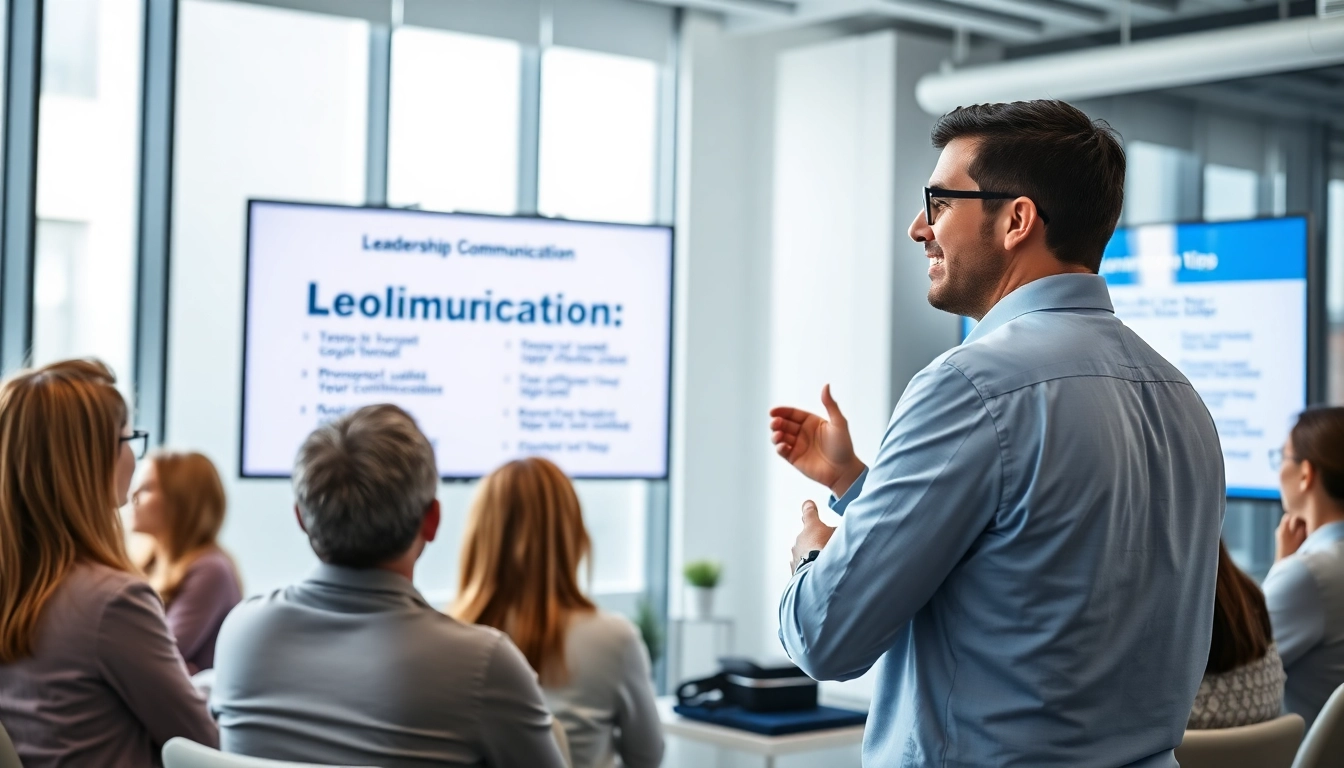 Leader demonstrating effective Leadership Communication skills in a modern office setting.