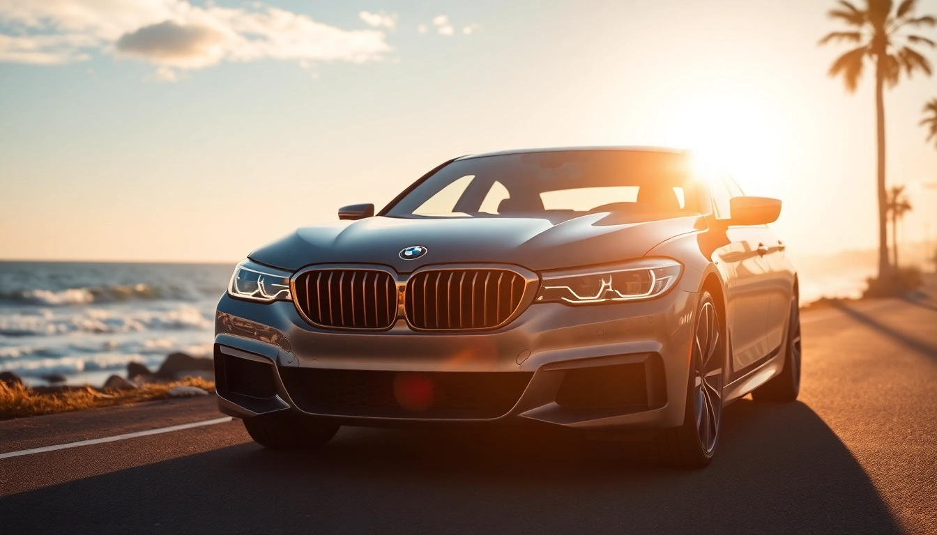 A Luxury BMW car elegantly parked on a coastal road showcasing its sleek design against scenic waves.
