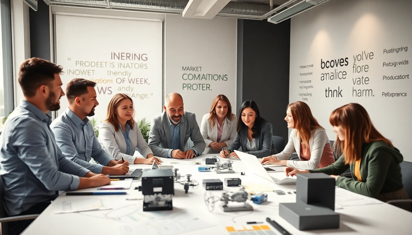Team brainstorming product commercialization services strategies in a modern office.