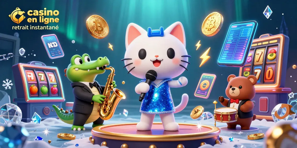 Illustration d'un chat chanteur et d'un crocodile saxophoniste dans un casino en ligne retrait instantané.
