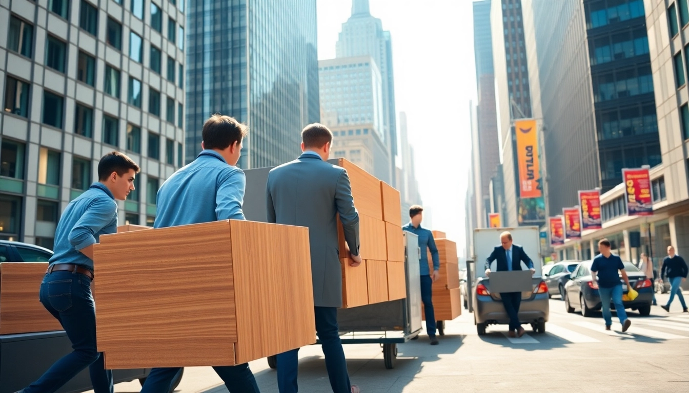 Efficient team delivering Office Moving Services NYC amid a vibrant New York City backdrop.