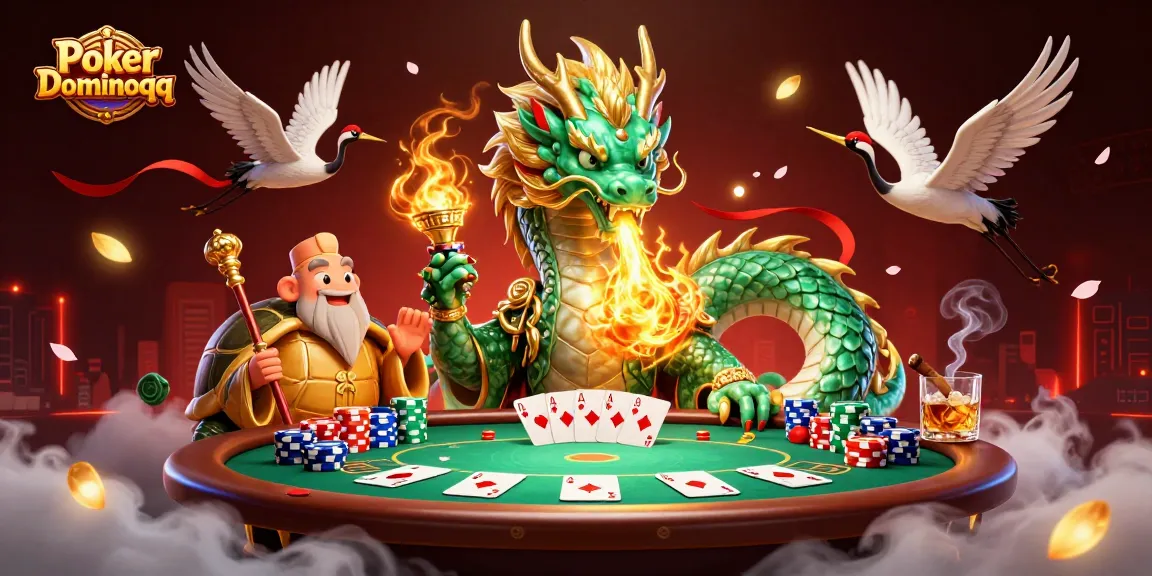 Experience the thrill of Poker Dominoqq with an epic dragon scene featuring poker tables and vibrant game elements.