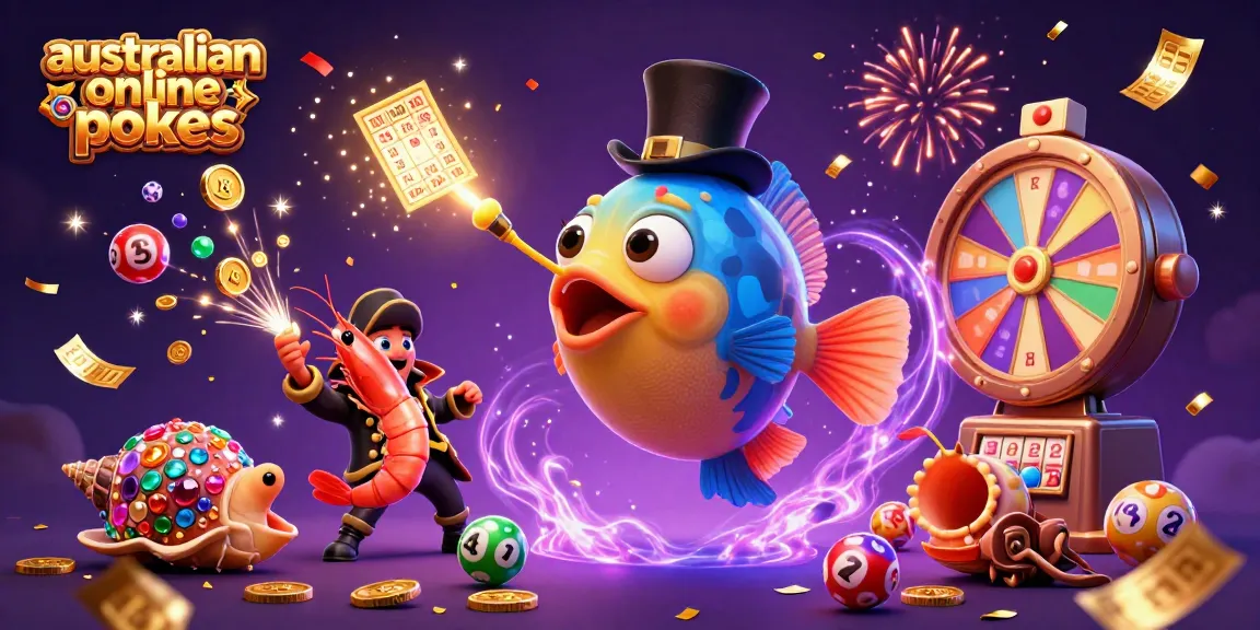australian online pokies 3D scene with cartoon anglerfish, shrimp, and sea snail amidst colorful lottery elements.