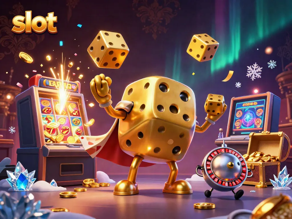 Jelajahi pengalaman bermain slot yang menakjubkan dengan karakter dadu emas dan mesin slot yang meledak jackpot.