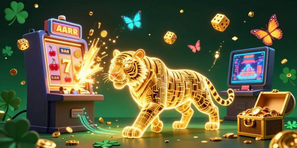Experience Slot gacor excitement with a vibrant scene of a golden tiger in a digital casino, bursting with winnings.