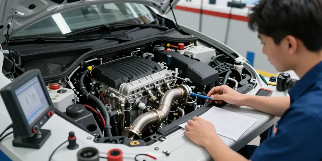 Techniker führt DPF-Regeneration in einer modernen Werkstatt durch.