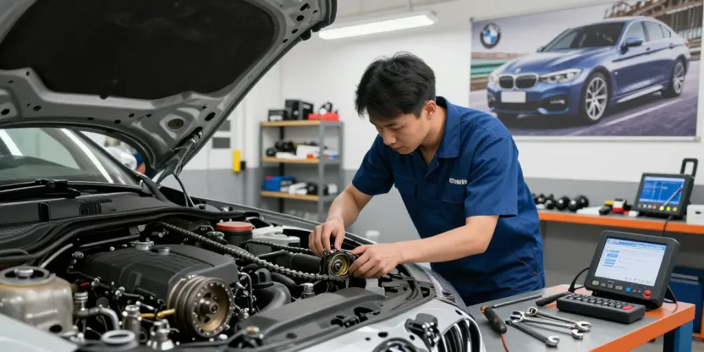 Mechaniker beim Steuerkette wechseln Hannover, Werkzeug und BMW-Poster in der Werkstatt