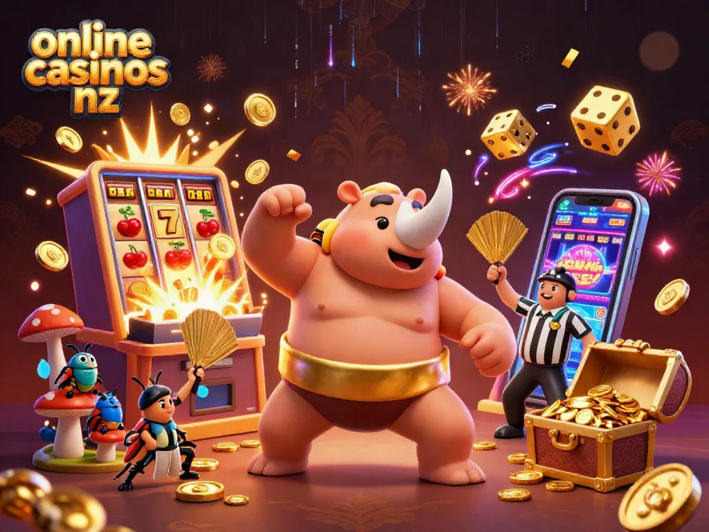 Experience thrilling action at online casinos nz with a vibrant scene featuring a sumo beetle and dynamic casino elements.