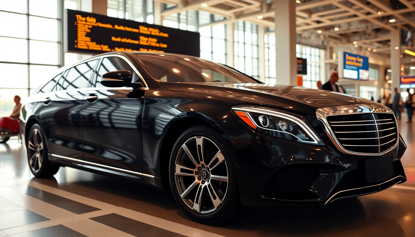 Showcasing an executive car service Providence RI vehicle in a busy airport setting, highlighting luxury and convenience.