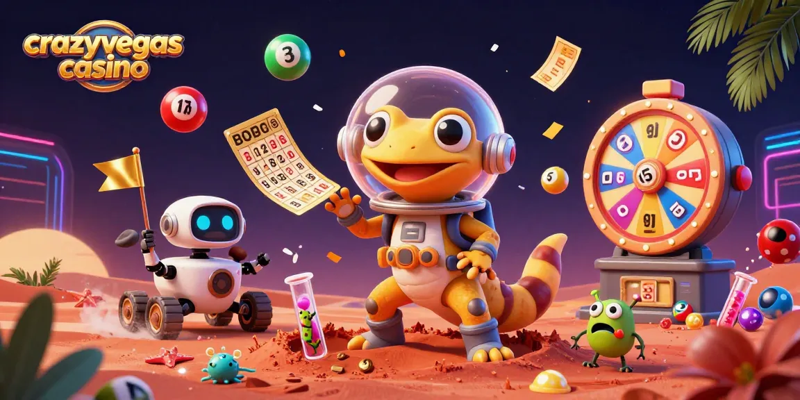Experience the excitement of crazyvegas casino with a Martian gecko discovering a golden casino.