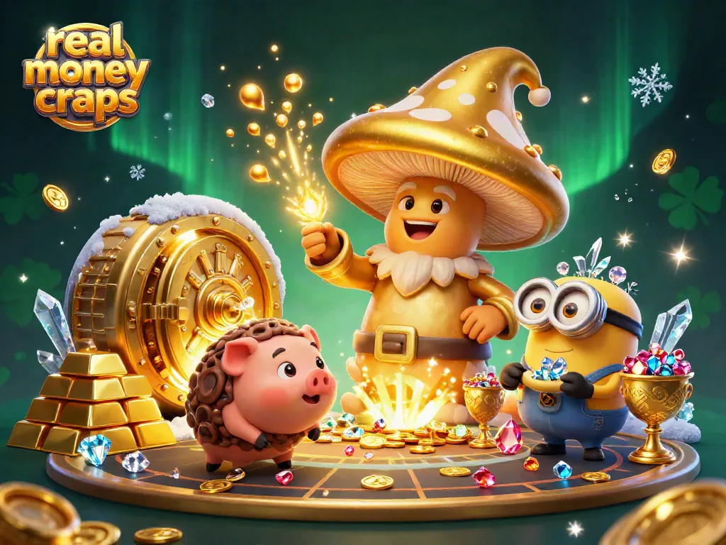 Experience real money online craps with golden treasures and enchanting characters in this vibrant 3D illustration.