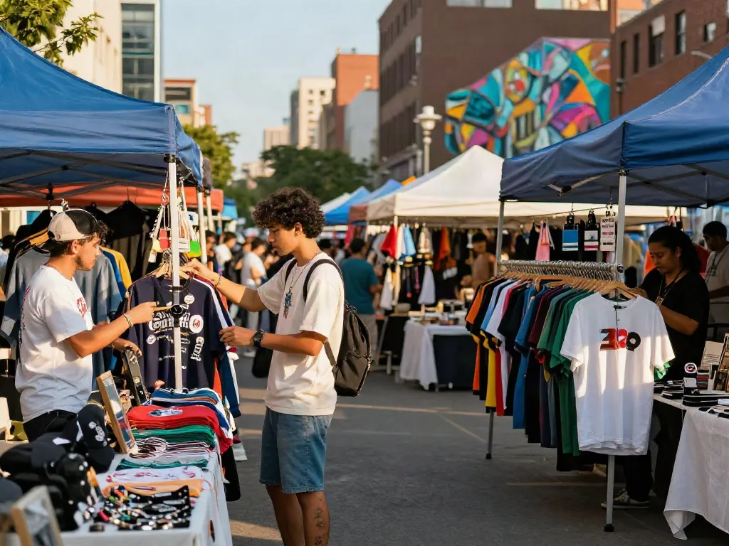 Stijlen van goedkope herenkleding in een levendige straatmarkt.