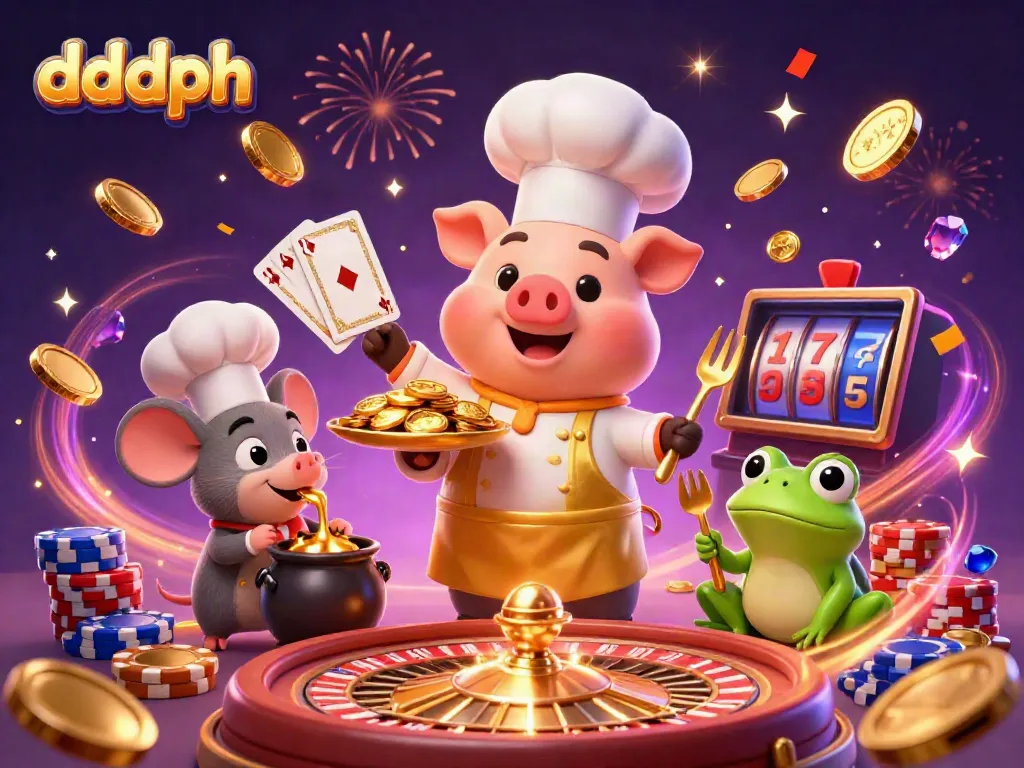 Experience thrilling moments with DDDPH’s chef pig serving treasures at an online casino.