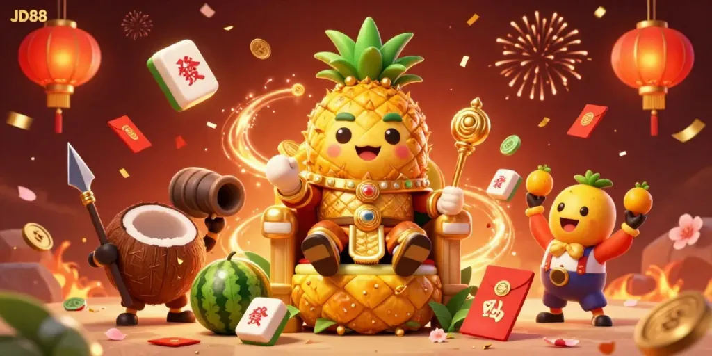 JD88's vibrant online casino scene showcases the golden pineapple king amid festive gaming elements.