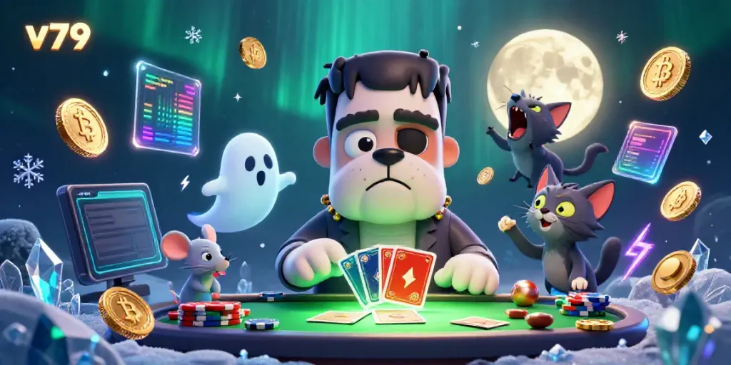 Experience the thrill of v79 cards dealt by a cartoon dog in a haunted casino atmosphere.