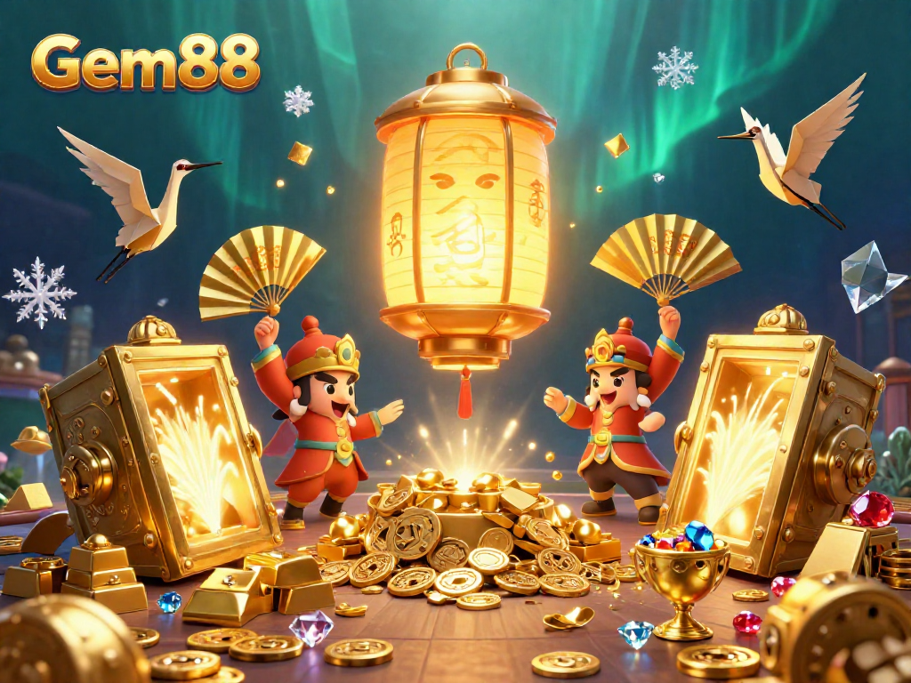Experience the excitement of Gem88 in this vibrant 3D digital illustration showcasing enchanting lanterns and fortune.