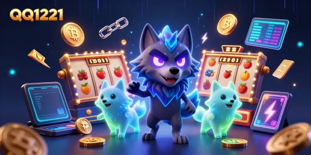 Engage with QQ1221 using slot reels and ghostly wolves in vibrant, action-packed illustration.