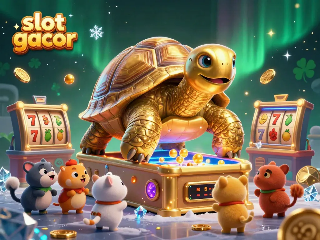 Experience the lively excitement of slot gacor with a golden tortoise, animated characters, and dazzling casino elements.