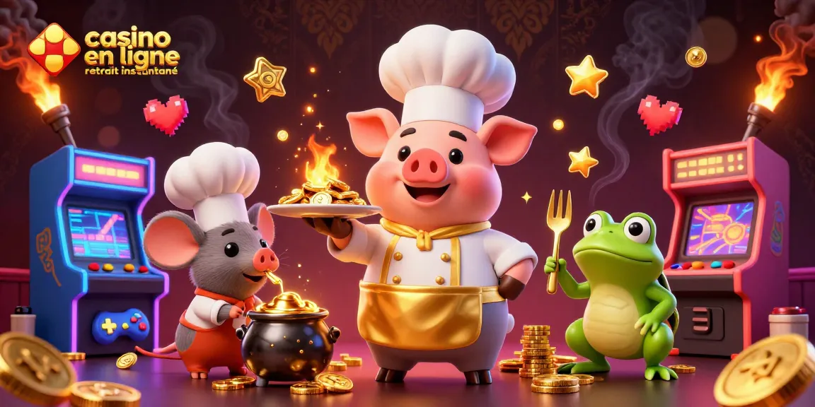 Illustration captivante de "casino en ligne retrait instantané", avec un chef en cartoon et des éléments de jeu dynamiques.