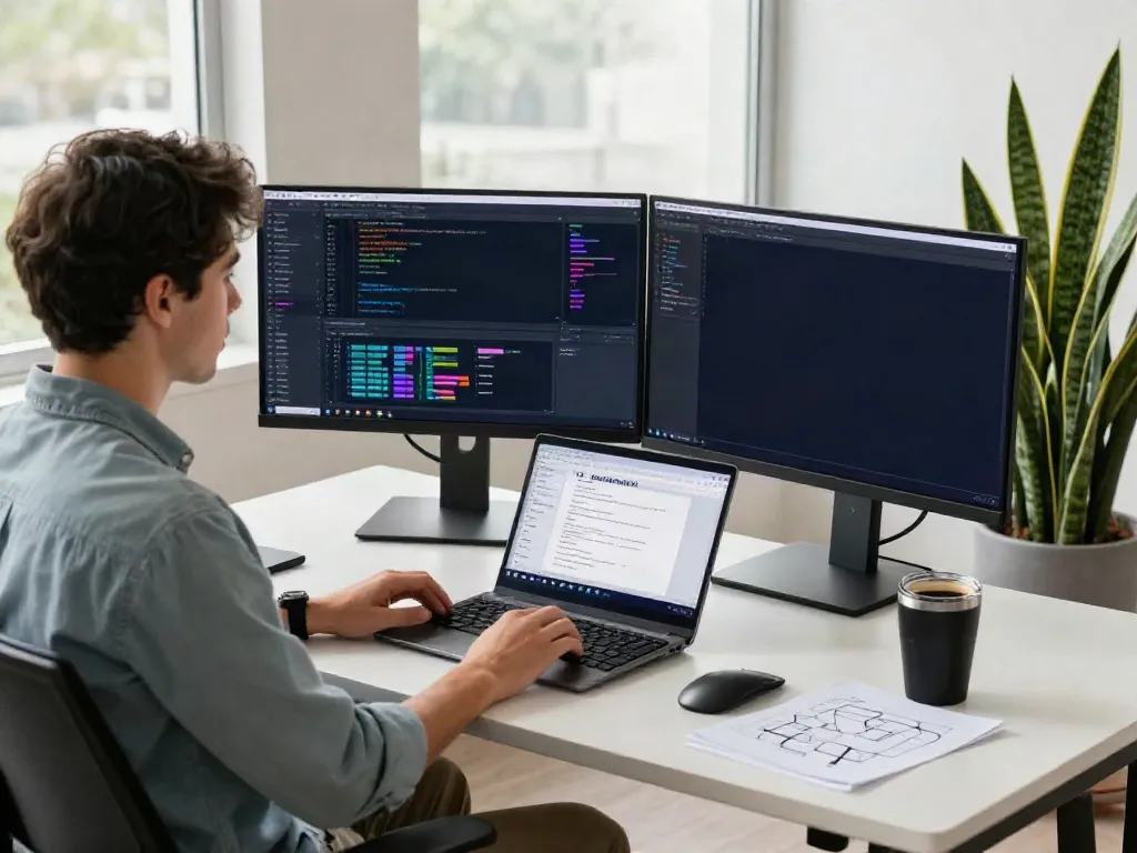 Developer showcasing code and design in a modern workspace, pop over to this web-site.