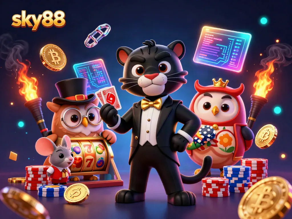 Experience excitement at sky88 with a stylish black panther dealing cards and glowing slot reels.