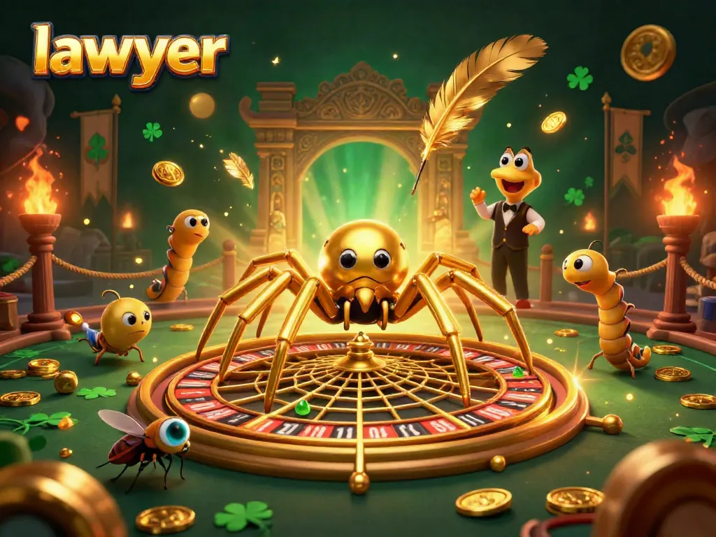 Engaging illustration of a lawyer-themed roulette scene, featuring a spider croupier and a nervous fly betting.