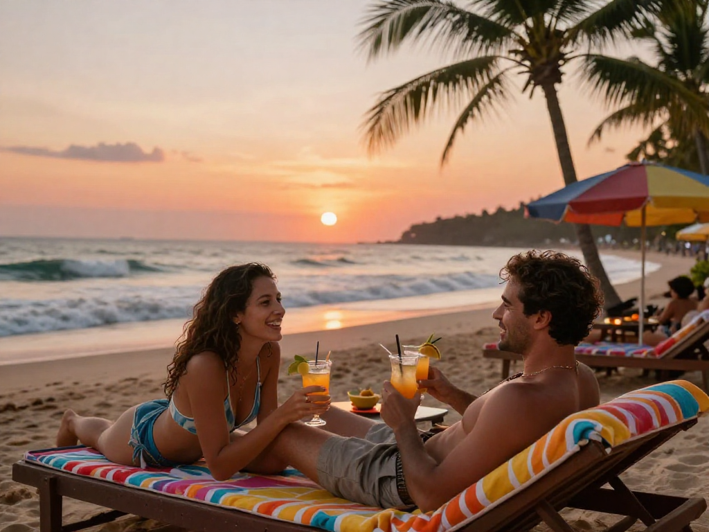 Beautiful Goa beach scene with sunset, showcasing the allure of escort service in goa through couples enjoying intimate moments.