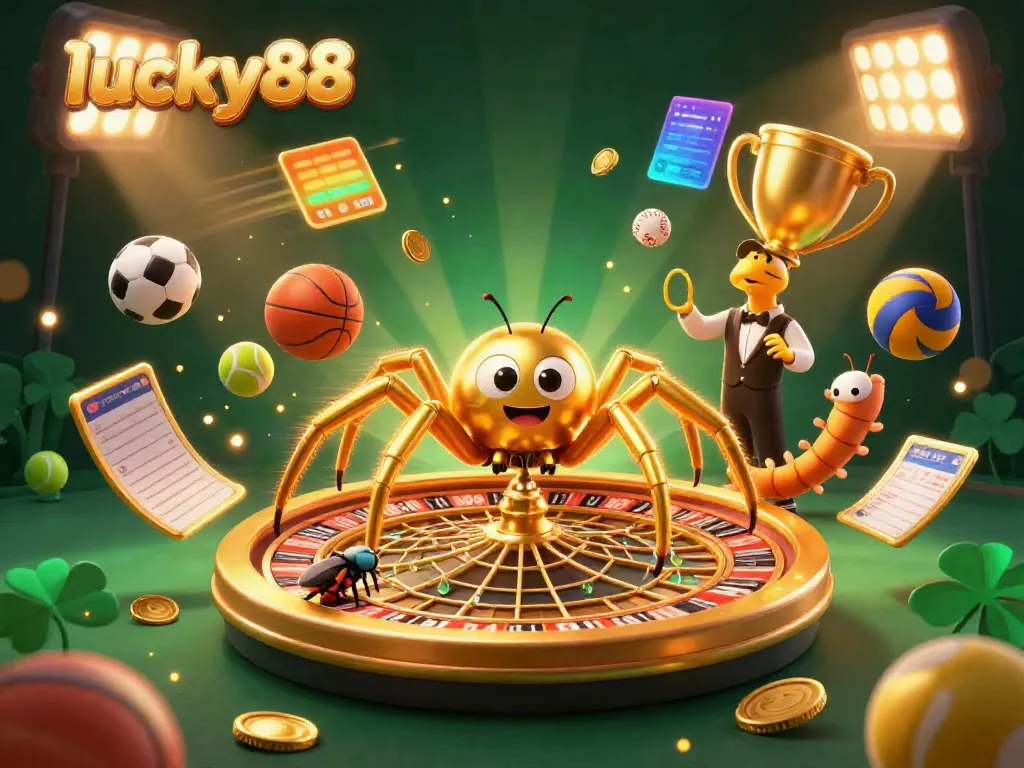 Experience the thrilling betting environment at lucky88, featuring a spider spinning a roulette wheel alongside unique sports elements.