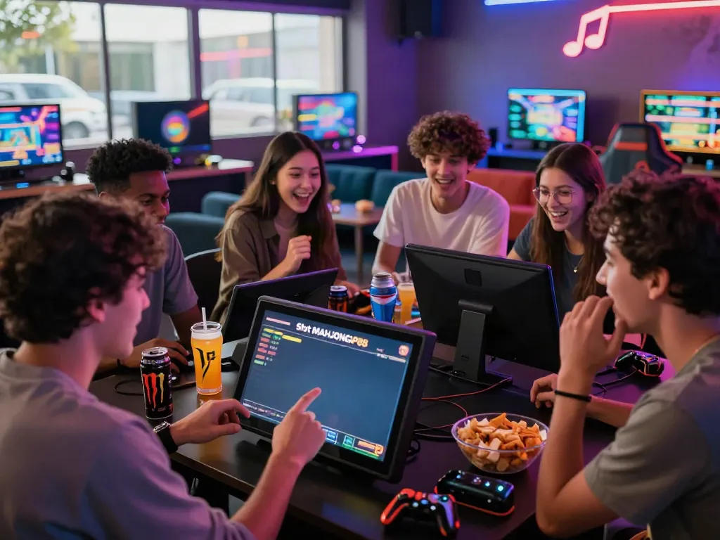 Friends excitedly playing Slot MAHJONGJP88 in a colorful gaming lounge