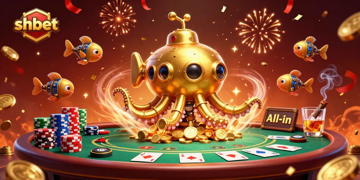 Join the thrilling shbet casino experience with golden kraken surfacing amidst poker action.