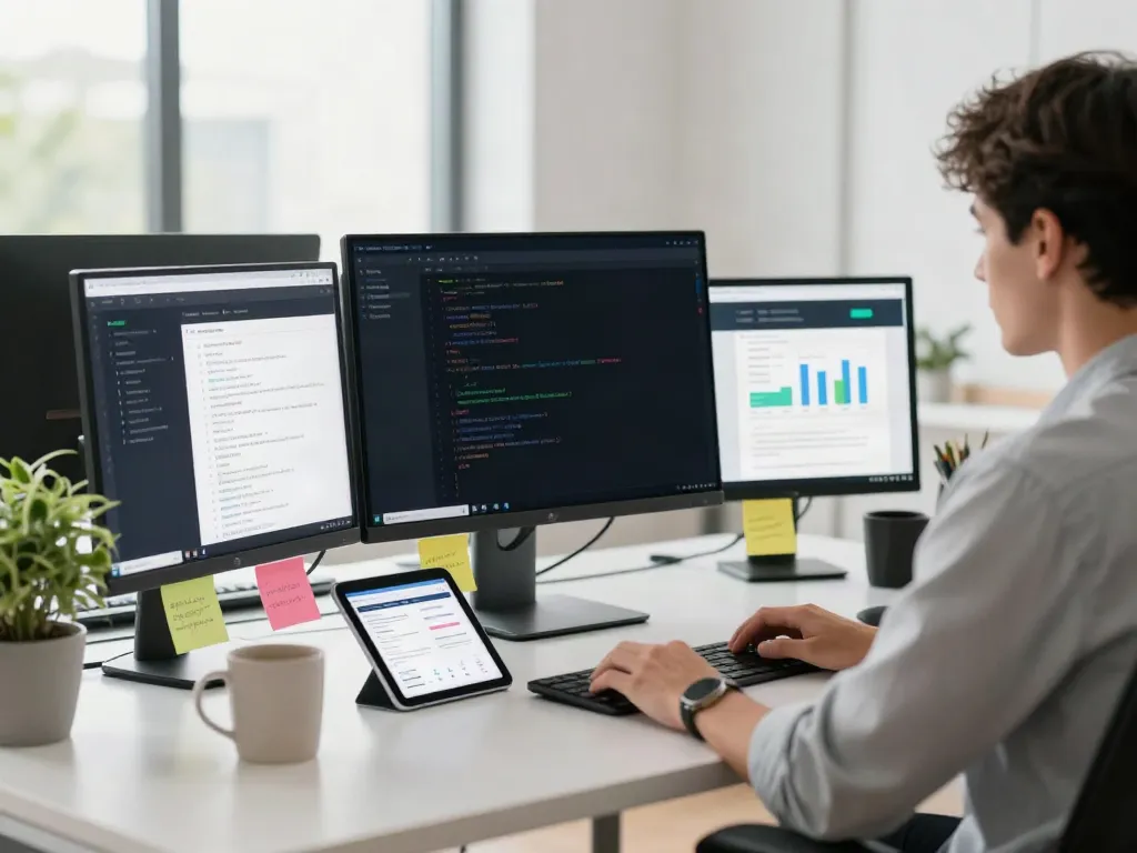 Brave browser interface displayed in a bright tech workspace with coding elements.