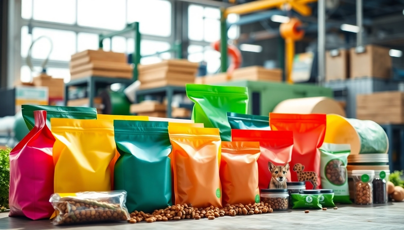 Highlighting diverse solutions by a pet food packaging company with colorful eco-friendly packaging options.