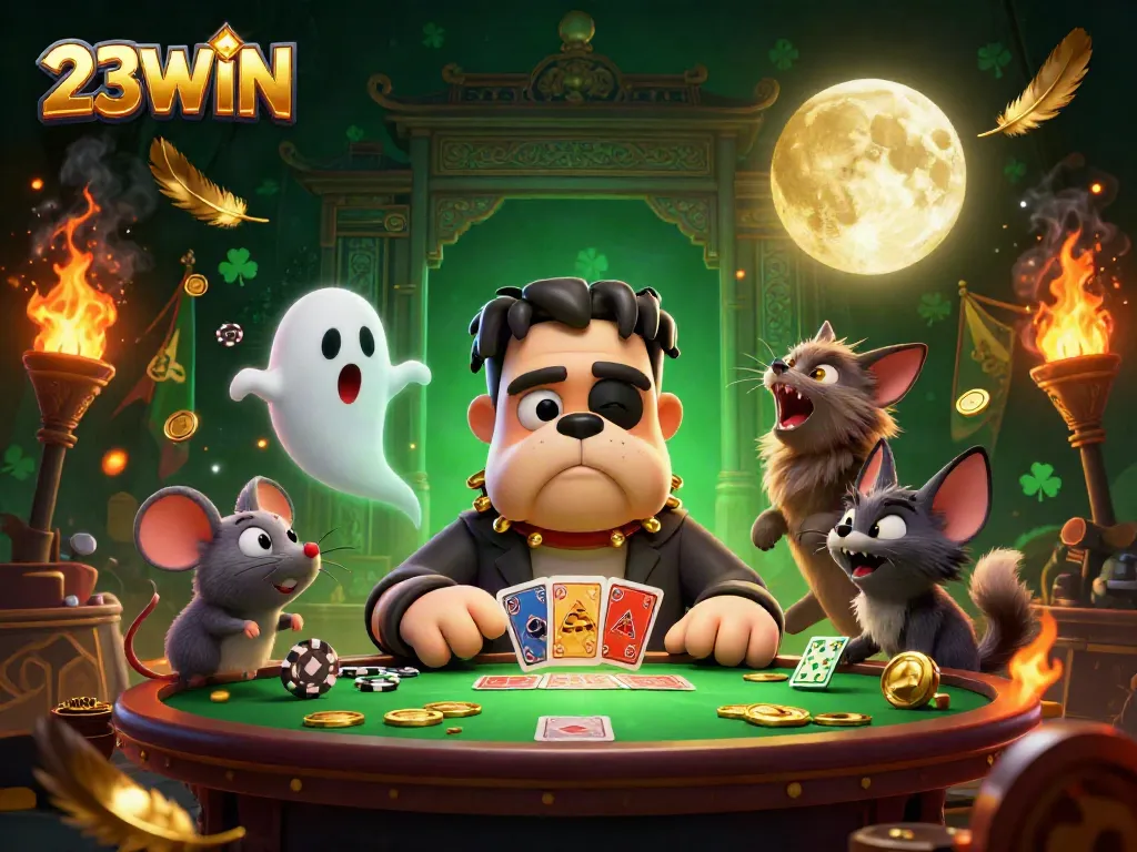 Join the 23WIN casino fun with a lively scene featuring a Frankenstein bulldog dealer, ghost mouse, and werewolf kitten.