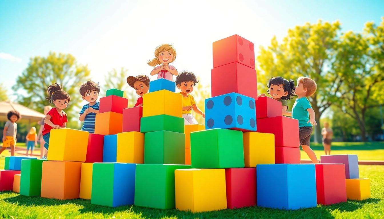 Children joyfully stacking giant foam building blocks for more details on creative play activities.