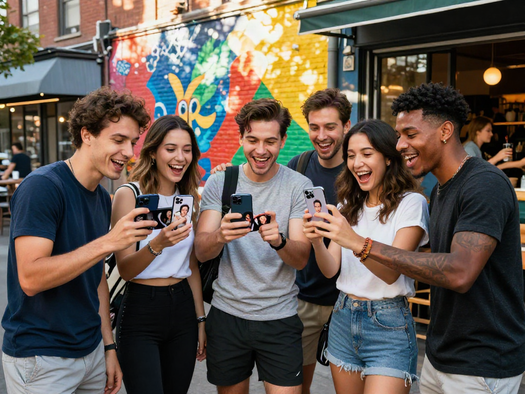 Group of friends laughing while using a celebrity look-alike app to compare their appearances to celebrities in an urban setting.