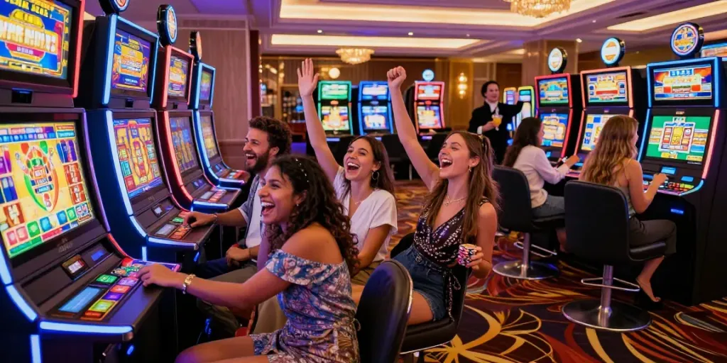 Friends celebrating while playing ทดลองสล็อต in a vibrant casino gaming scene.