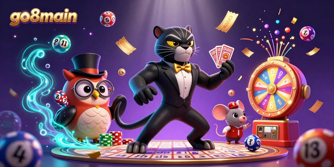 Engage with Go8Main's vibrant online gaming scene featuring a stylish panther dealer and colorful prizes.