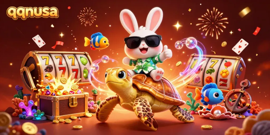 Engage with qqnusa's thrilling slots scene featuring a lucky rabbit and golden turtle.