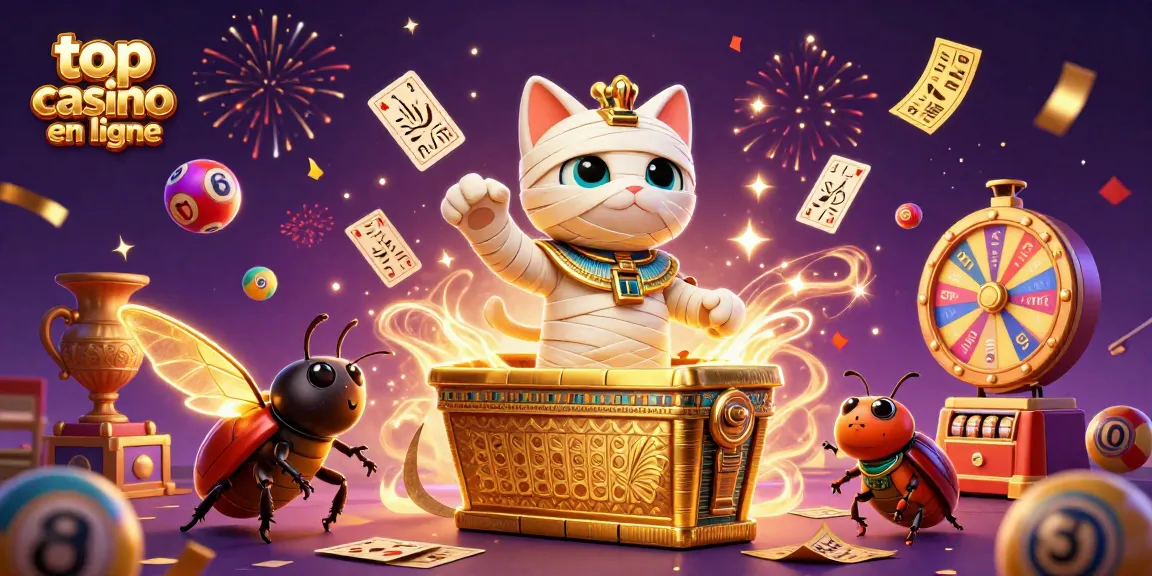Jouez au meilleur casino en ligne avec un chat momie et des éléments de jeu colorés.