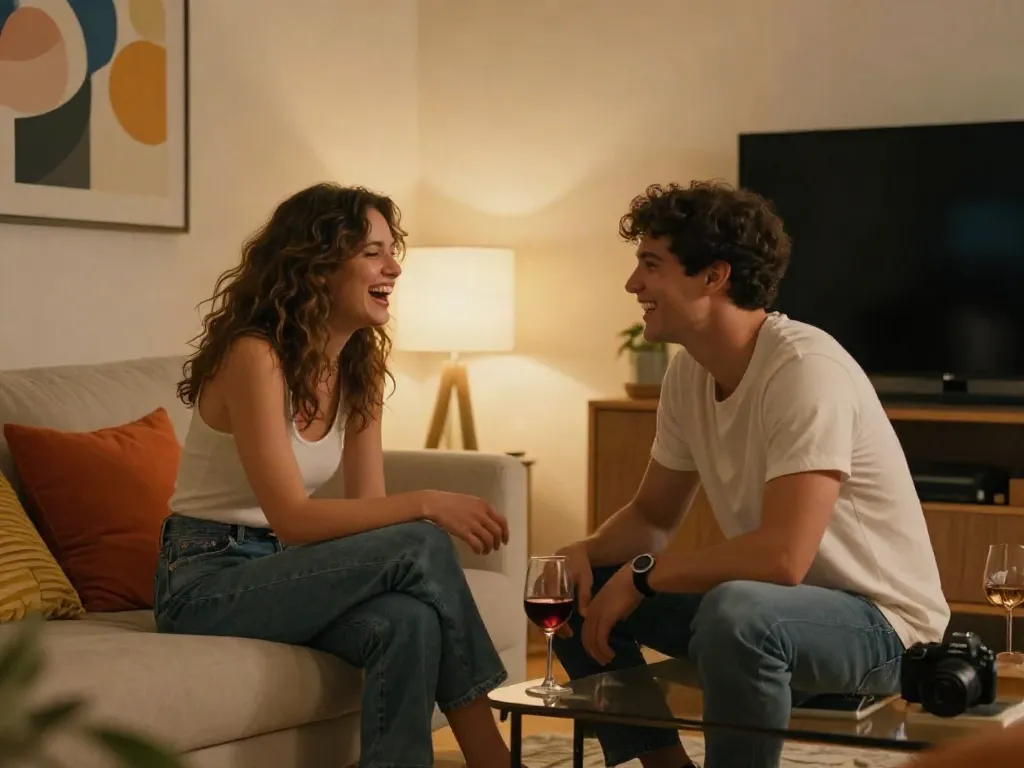 Engaging stepsis porn scene with trendy couple enjoying an intimate moment in a cozy living room.